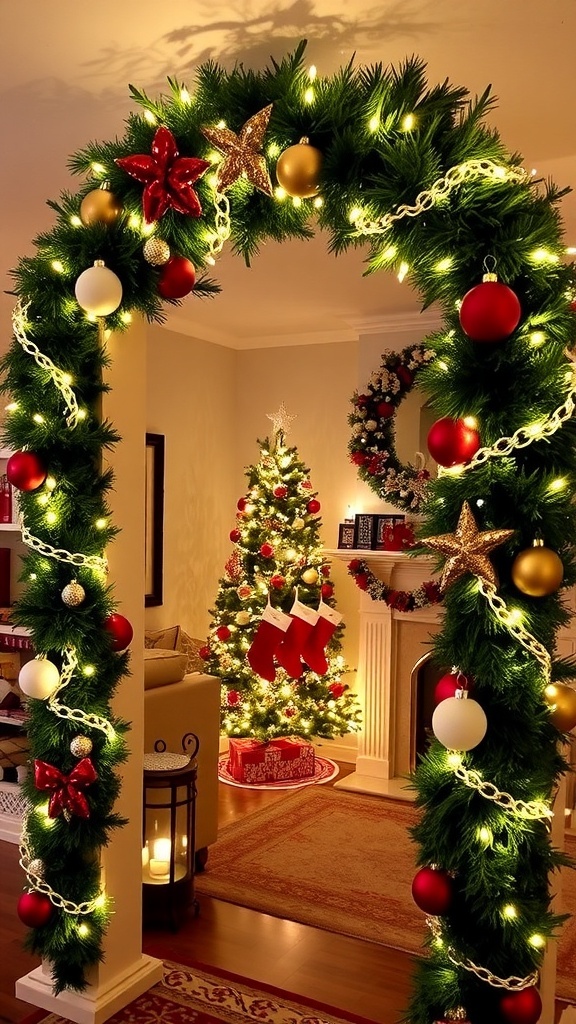 A festive Christmas archway decorated with garlands and lights, set in a cozy living room.